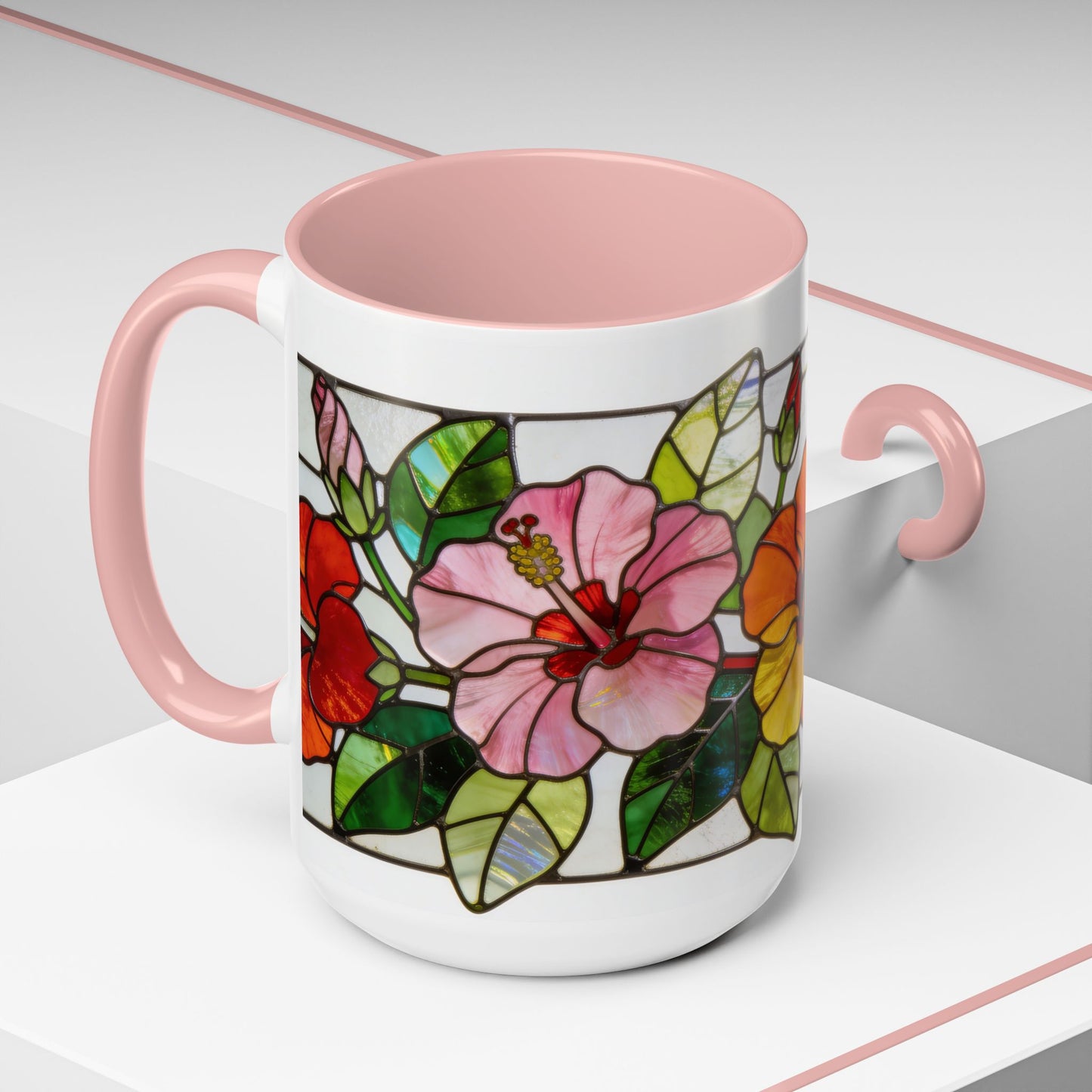 Stained Glass Tropical Flower Coffee Mug — Hibiscus & Bird of Paradise Accent Mug
