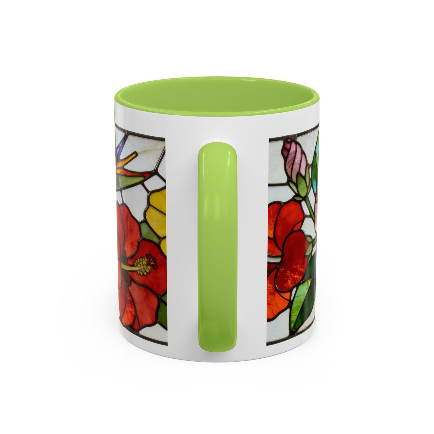 Stained Glass Tropical Flower Coffee Mug — Hibiscus & Bird of Paradise Accent Mug