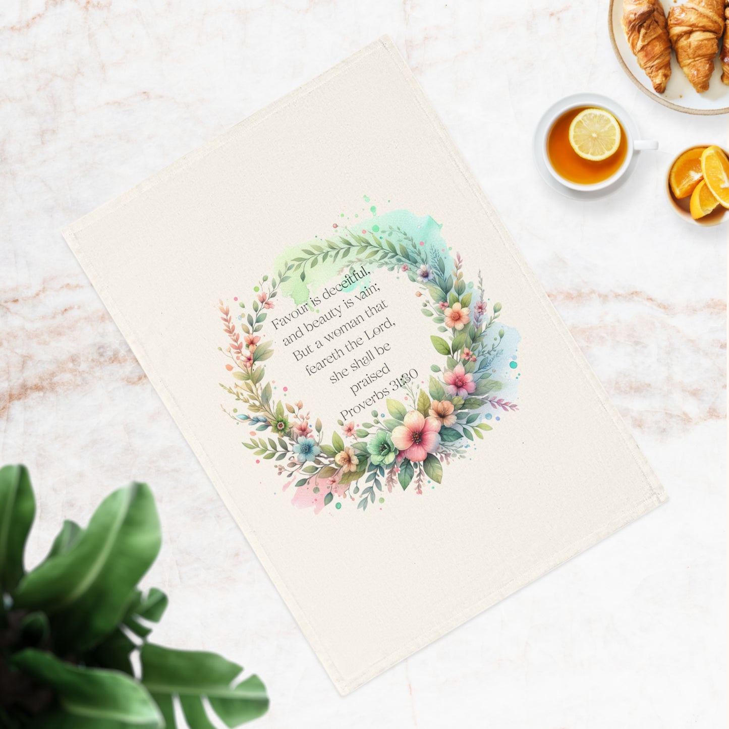Decorative Cotton Tea Towel with Floral Proverbs Design