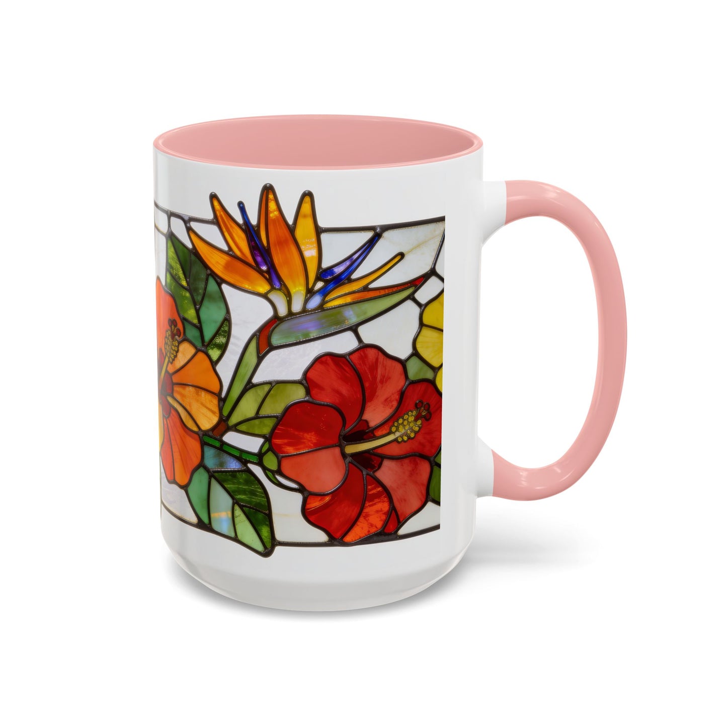 Stained Glass Tropical Flower Coffee Mug — Hibiscus & Bird of Paradise Accent Mug