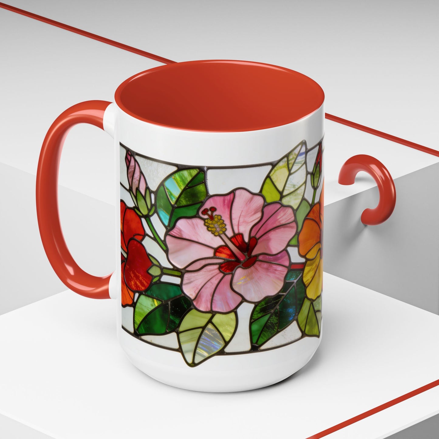Stained Glass Tropical Flower Coffee Mug — Hibiscus & Bird of Paradise Accent Mug