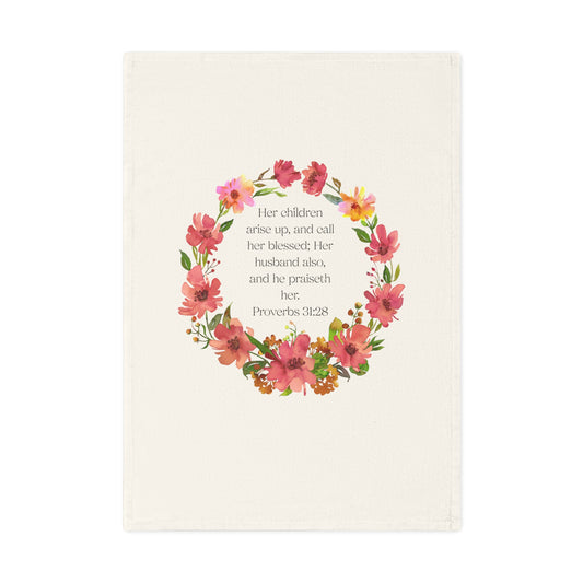 Floral Proverbs 31:28 Cotton Tea Towel - Inspirational kitchen decor