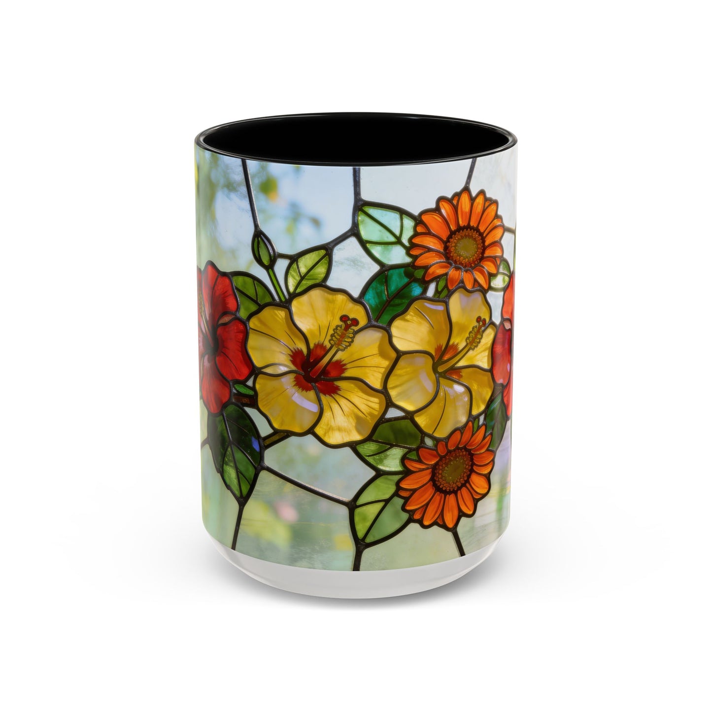 Stained Glass Floral Accent Coffee Mug — Hibiscus & Sunflower Art (11/15oz)