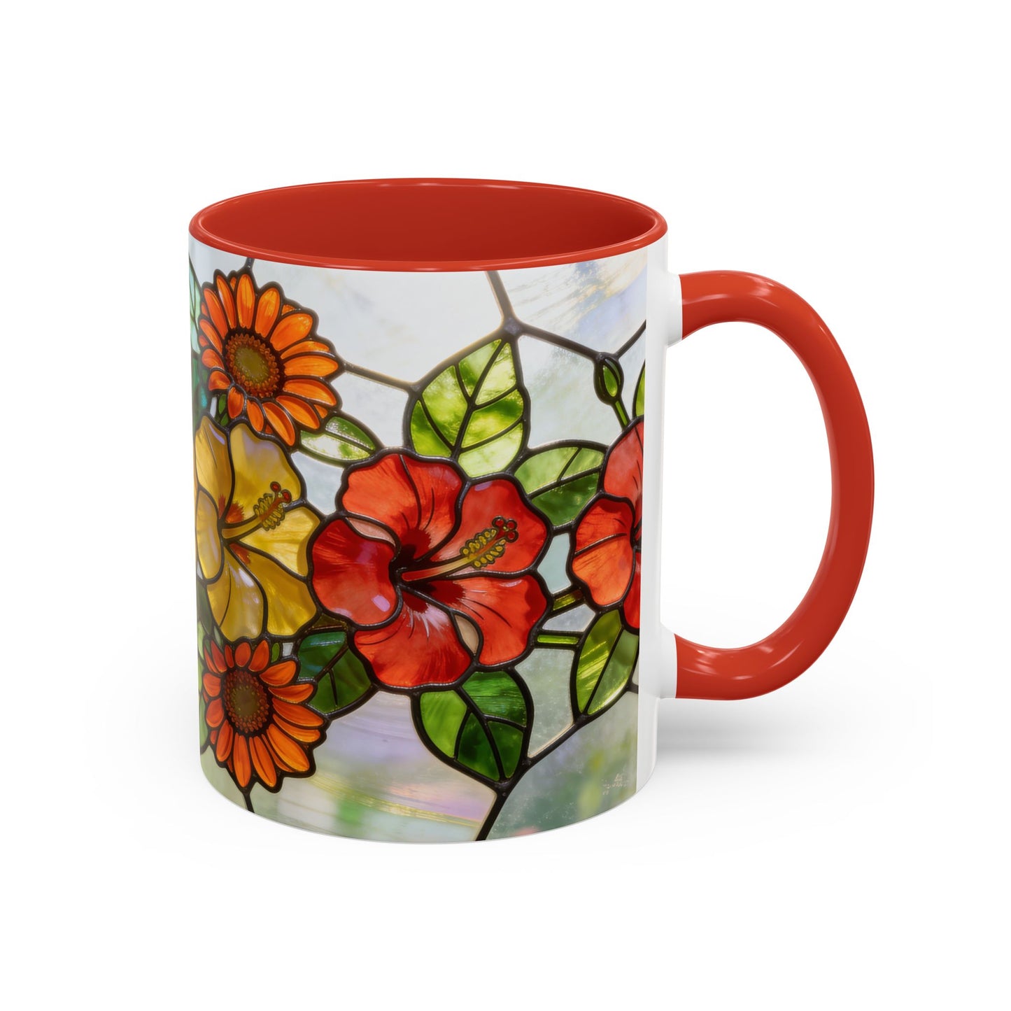 Stained Glass Floral Accent Coffee Mug — Hibiscus & Sunflower Art (11/15oz)