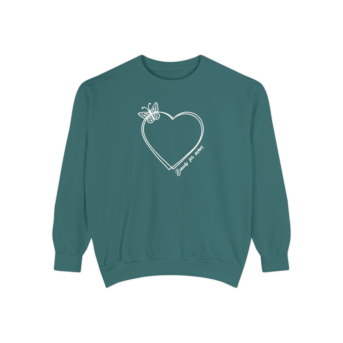 A teal crewneck sweatshirt with a white line-art graphic of a heart, butterfly, and the text 'You Are My Love' on the chest, displayed against a solid white background.