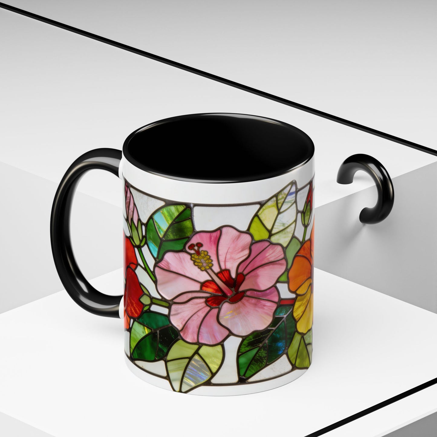 Stained Glass Tropical Flower Coffee Mug — Hibiscus & Bird of Paradise Accent Mug