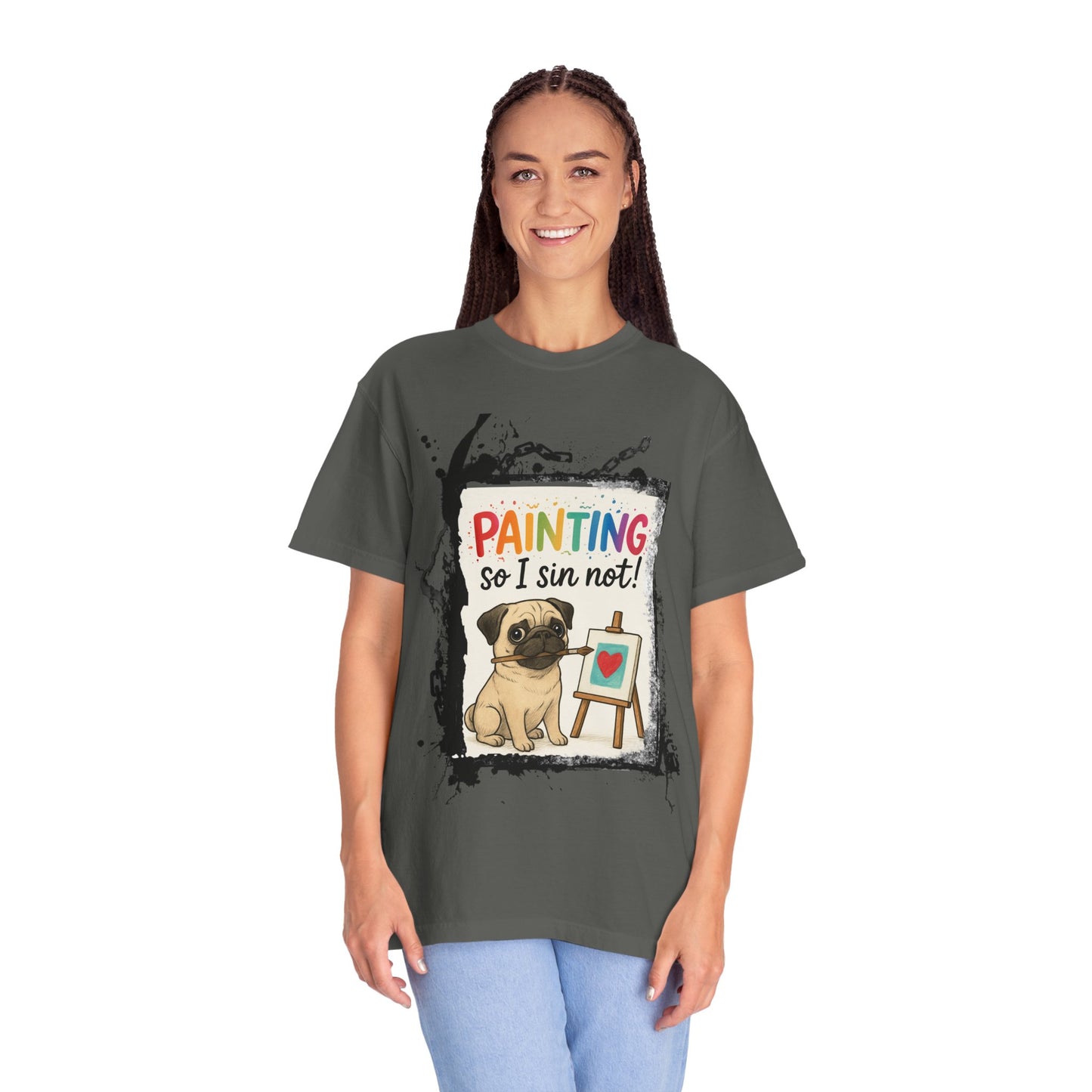Humorous "Painting So I Sin Not" Pug T-Shirt