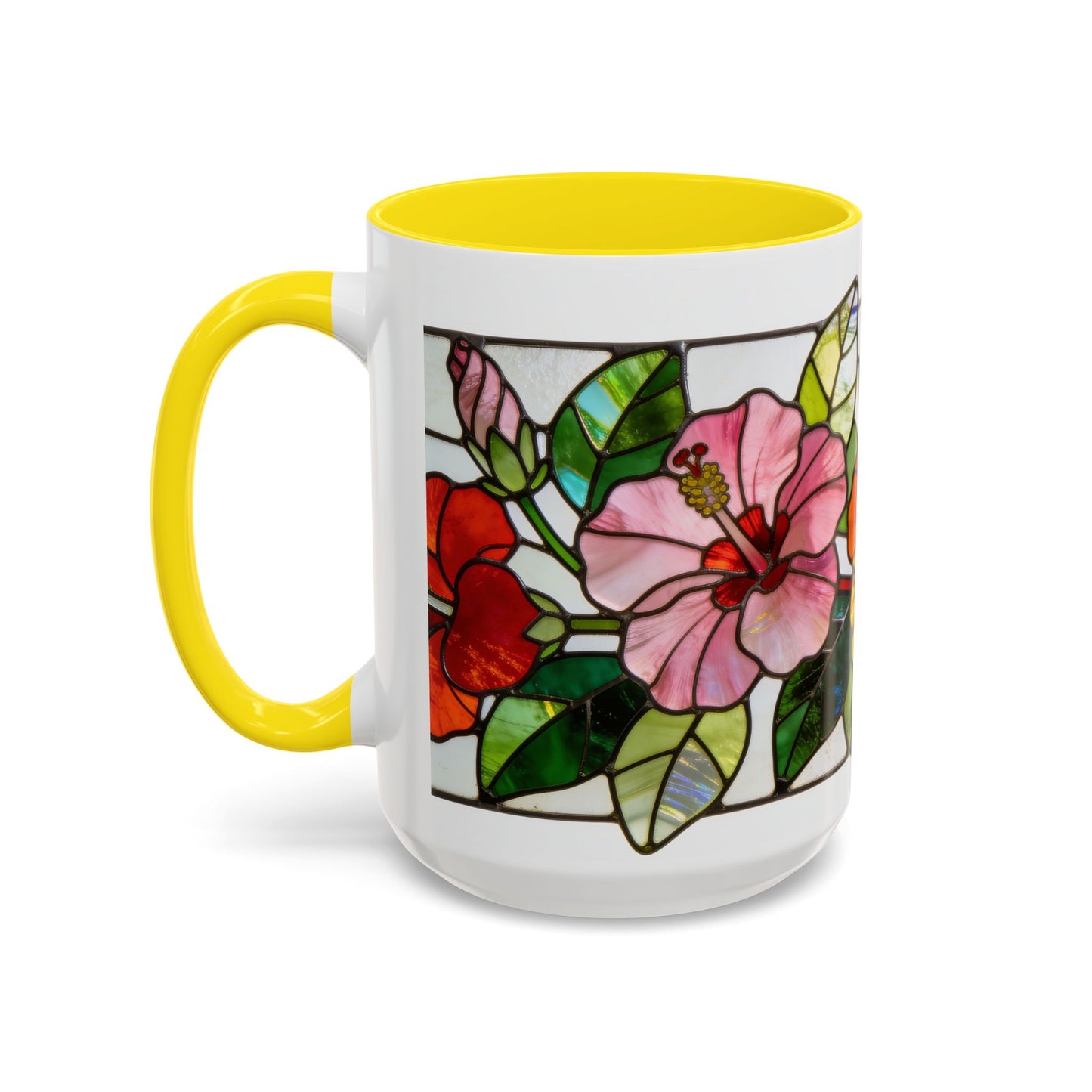 Stained Glass Tropical Flower Coffee Mug — Hibiscus & Bird of Paradise Accent Mug