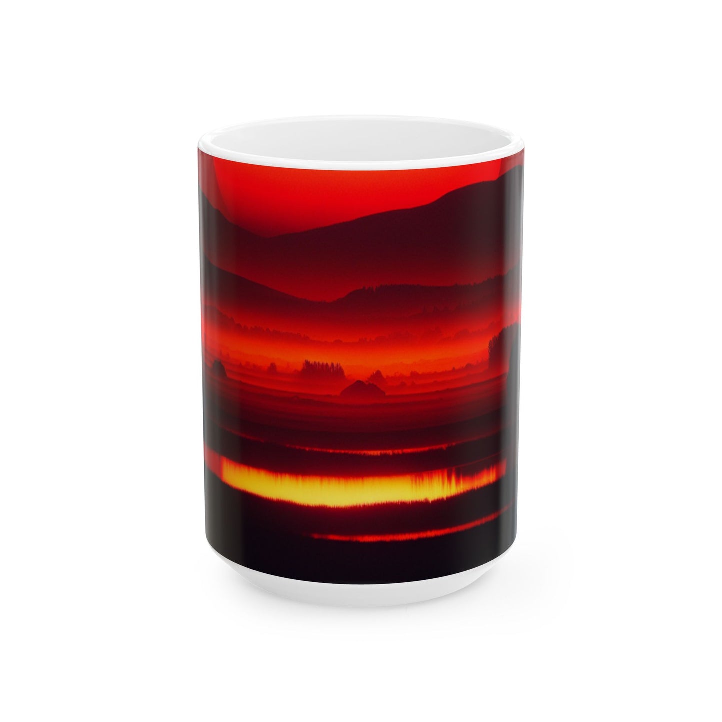 Red Sunset Mountain Ceramic Mug — Atmospheric Landscape Coffee Cup (11oz & 15oz)