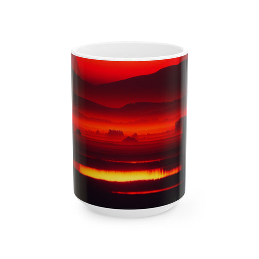 Red Sunset Mountain Ceramic Mug — Atmospheric Landscape Coffee Cup (11oz & 15oz)