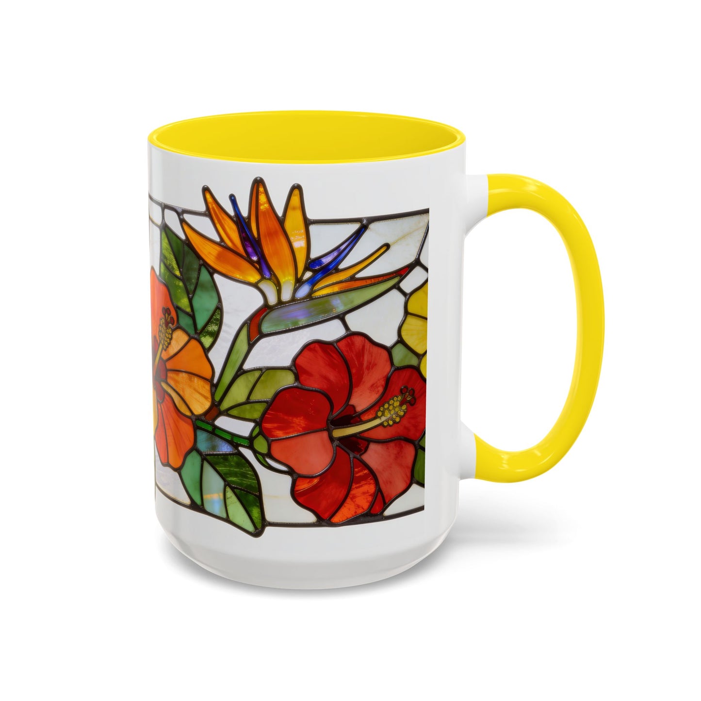 Stained Glass Tropical Flower Coffee Mug — Hibiscus & Bird of Paradise Accent Mug