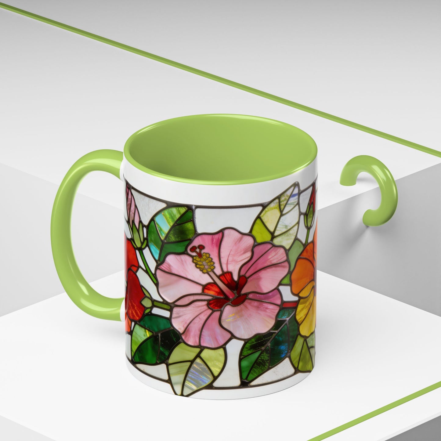 Stained Glass Tropical Flower Coffee Mug — Hibiscus & Bird of Paradise Accent Mug