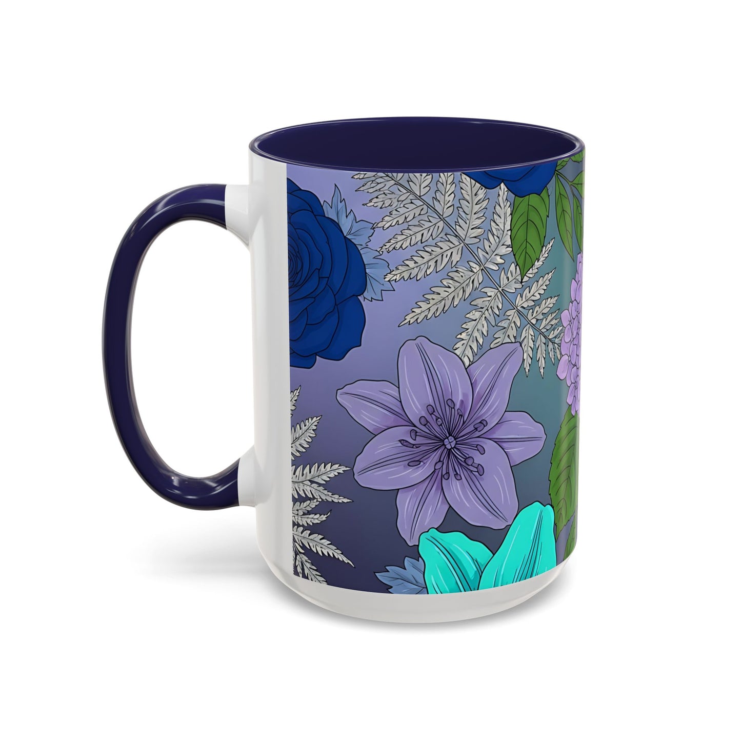 Floral Hydrangea Accent Coffee Mug — Teal & Lavender Botanical Drinkware