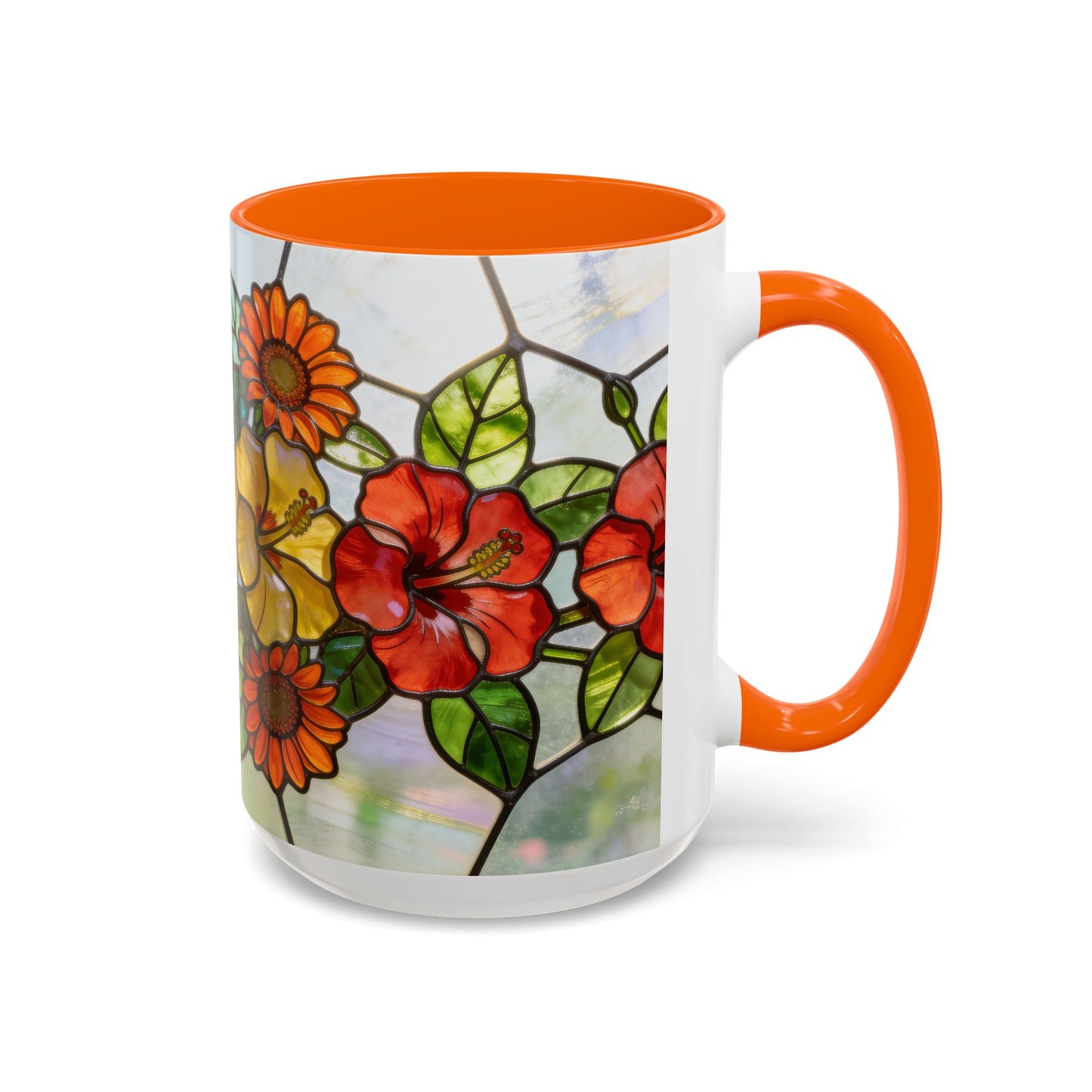 Stained Glass Floral Accent Coffee Mug — Hibiscus & Sunflower Art (11/15oz)