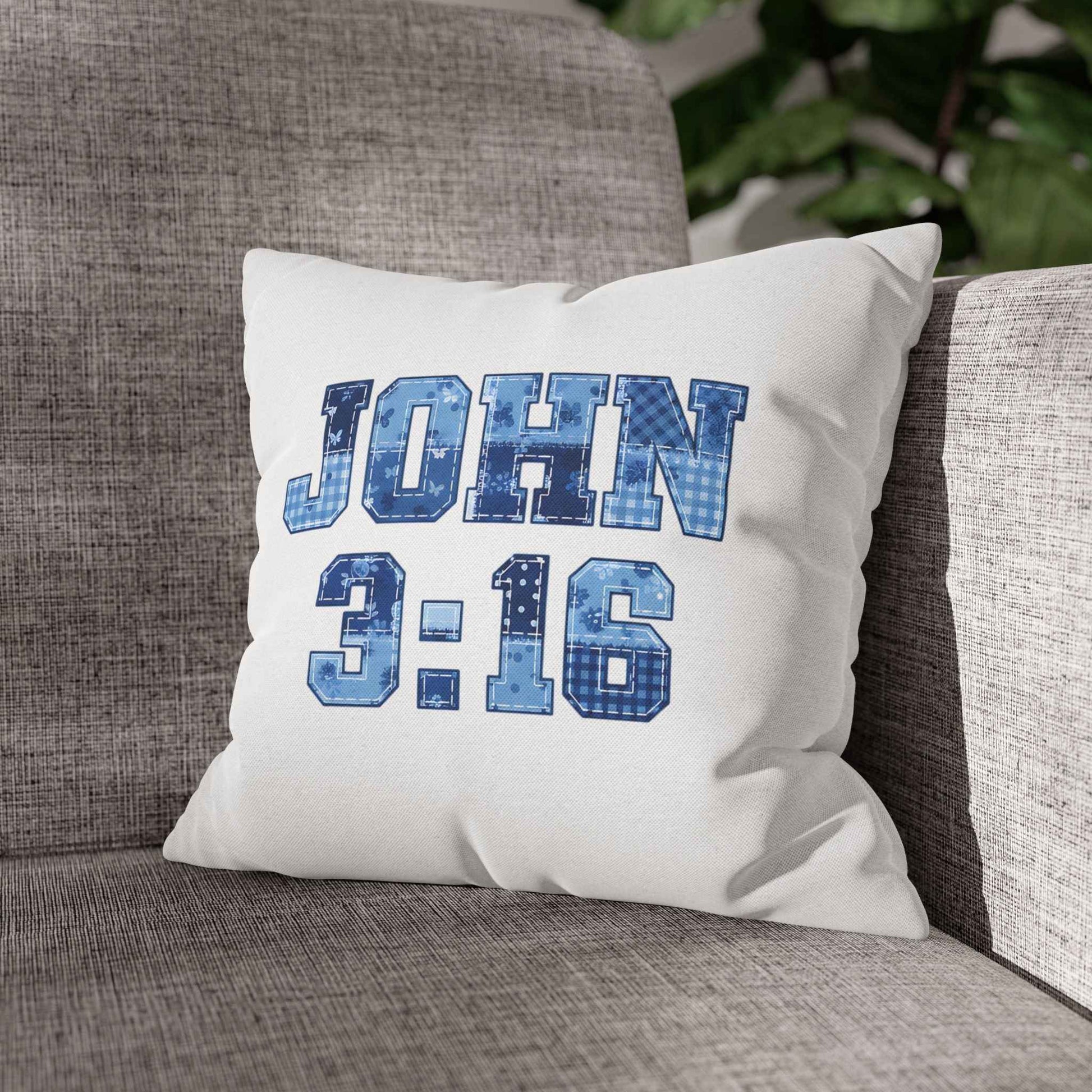 John 3:16 Decorative Pillowcase — Blue Patterned Scripture Throw Pillow