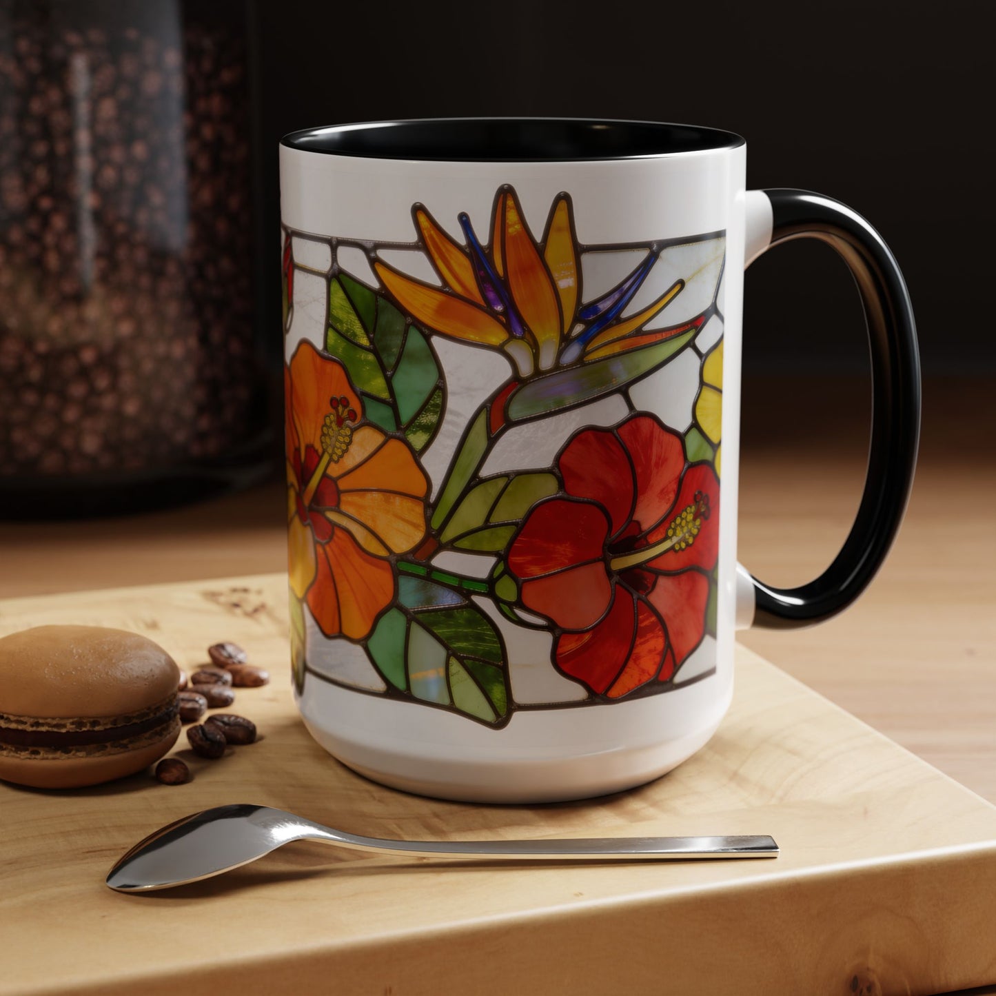 Stained Glass Tropical Flower Coffee Mug — Hibiscus & Bird of Paradise Accent Mug