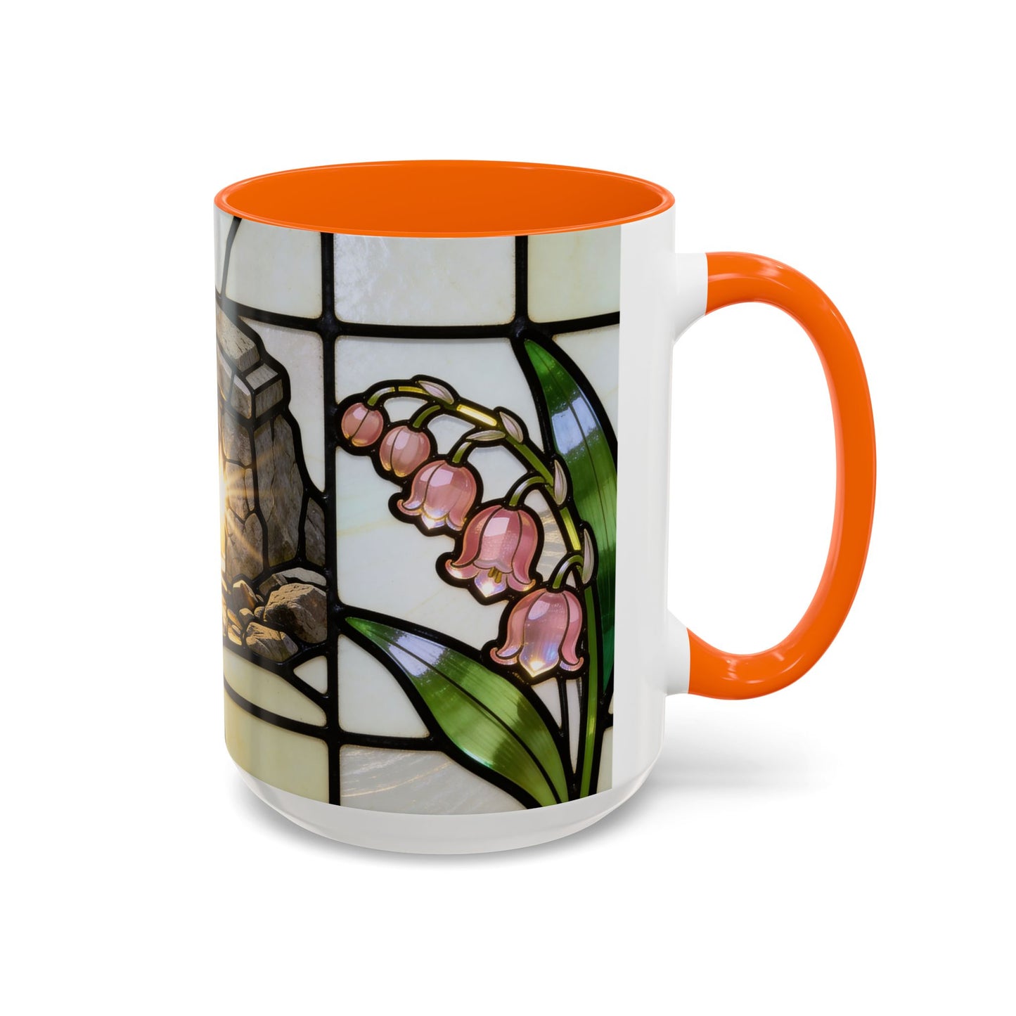 Stained Glass depiction of The Resurrected Tomb & Lily of the Valley Accent Coffee Mug — Christian Easter 11/15oz