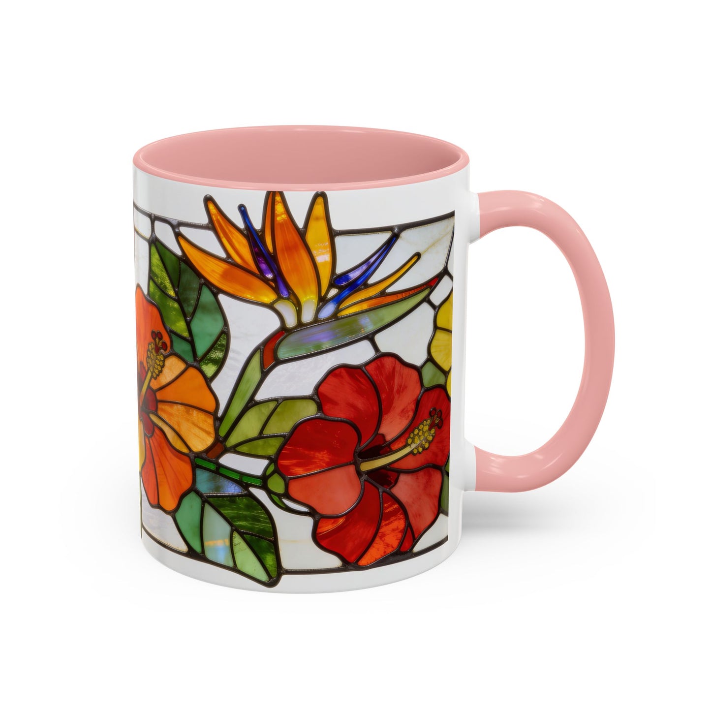 Stained Glass Tropical Flower Coffee Mug — Hibiscus & Bird of Paradise Accent Mug