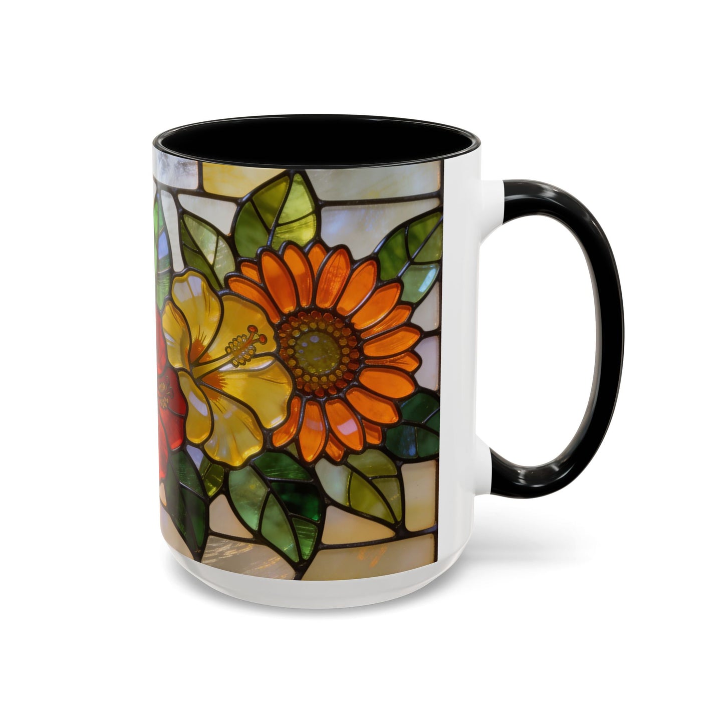 Floral Stained Glass Accent Coffee Mug – Hibiscus & Sunflower Design (11/15oz)
