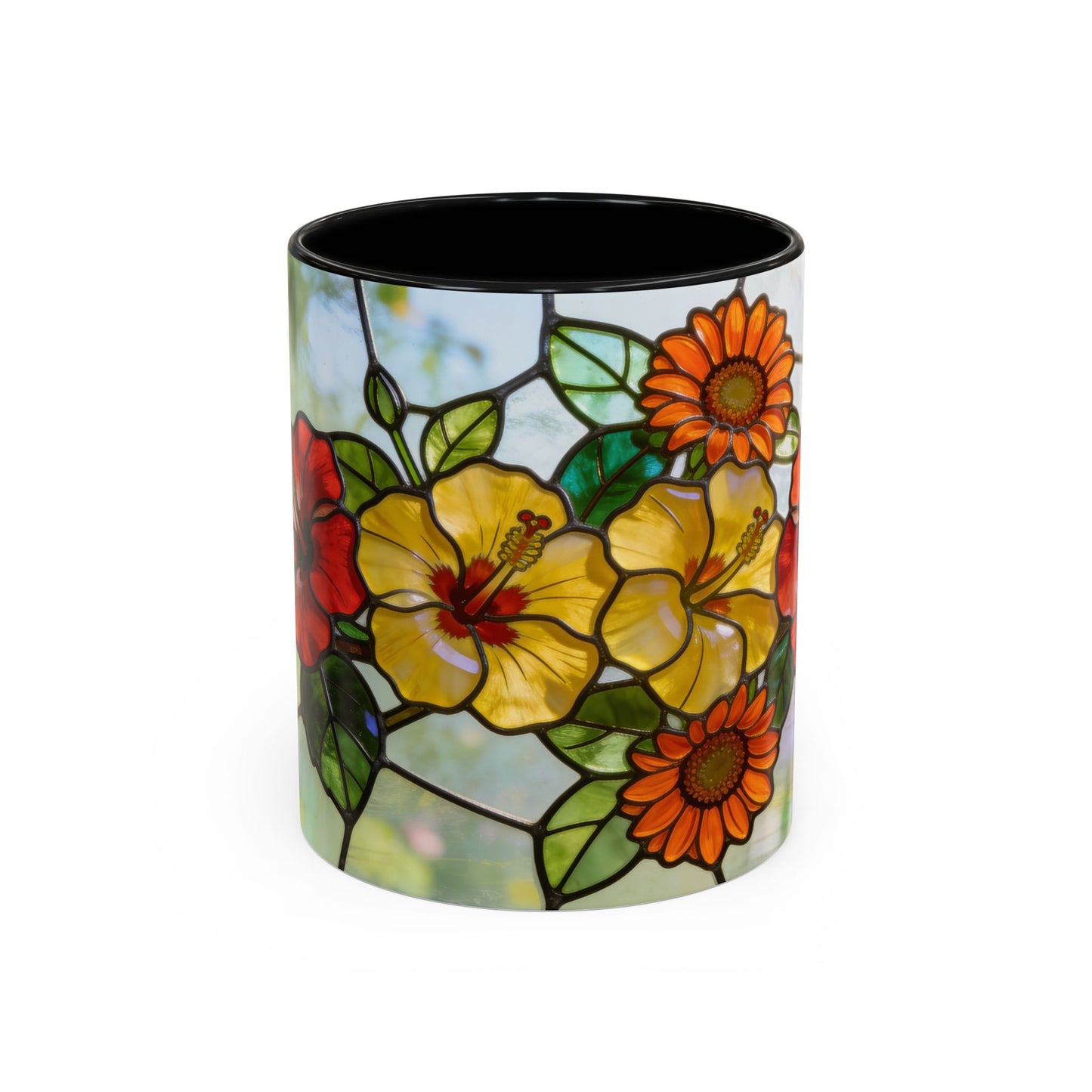 Stained Glass Floral Accent Coffee Mug — Hibiscus & Sunflower Art (11/15oz)
