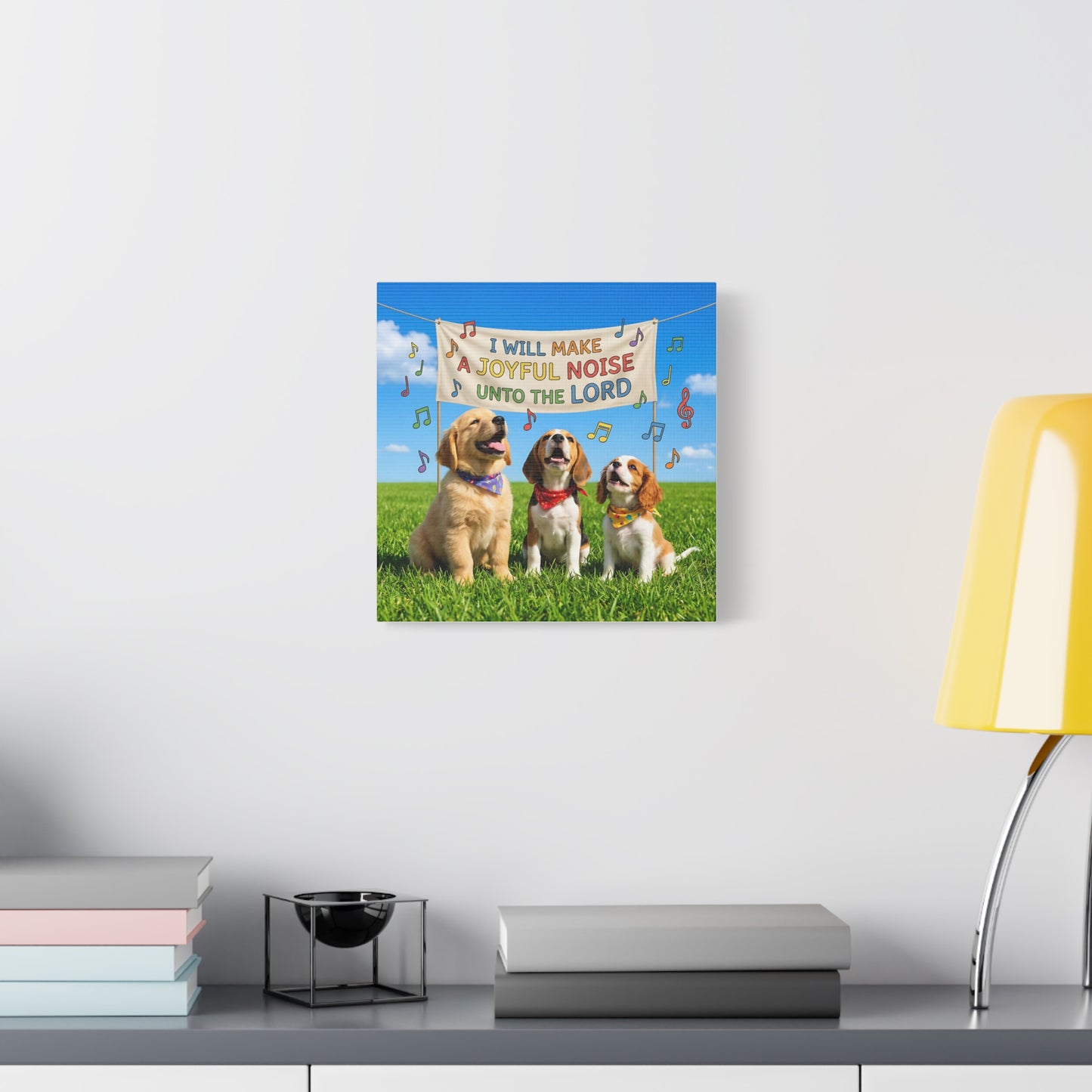 Joyful Noise Puppies Canvas Wall Art — Religious Christian Bible Verse 'I Will Make A Joyful Noise Unto The Lord'