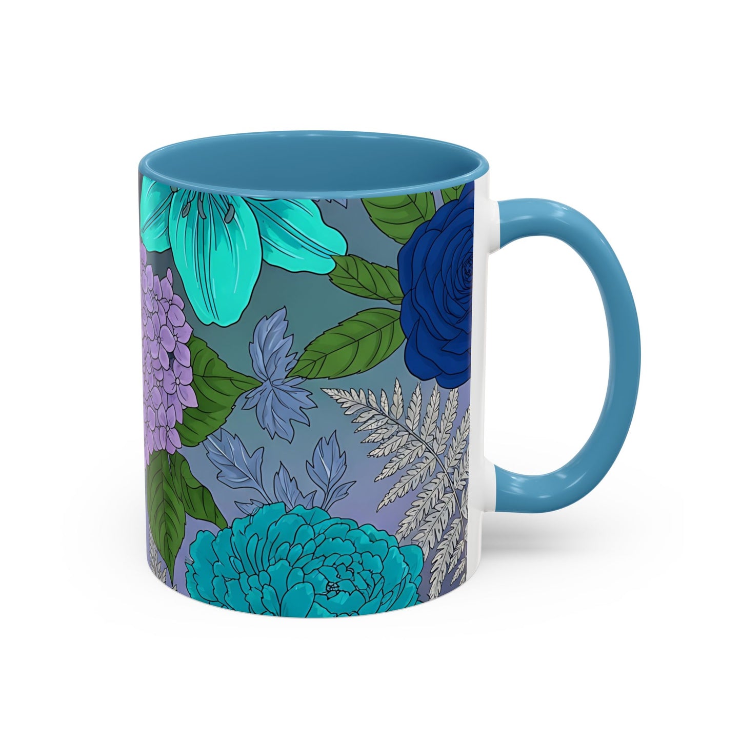 Floral Hydrangea Accent Coffee Mug — Teal & Lavender Botanical Drinkware