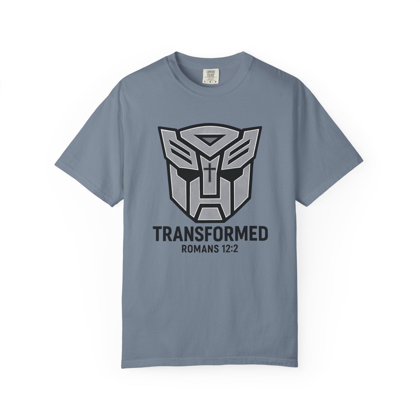 Transformed Graphic Tee — "Transformed" Romans 12:2 Christian Transformer Logo T-Shirt