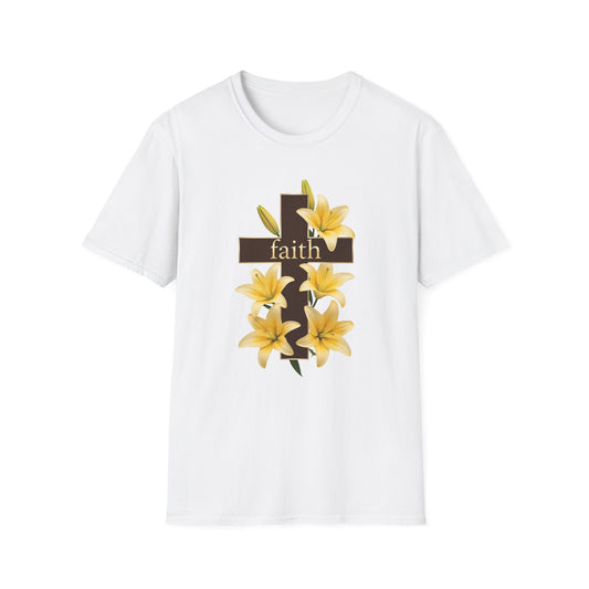 Faith Cross T‑Shirt with Yellow Lilies — Inspirational Christian Easter Tee