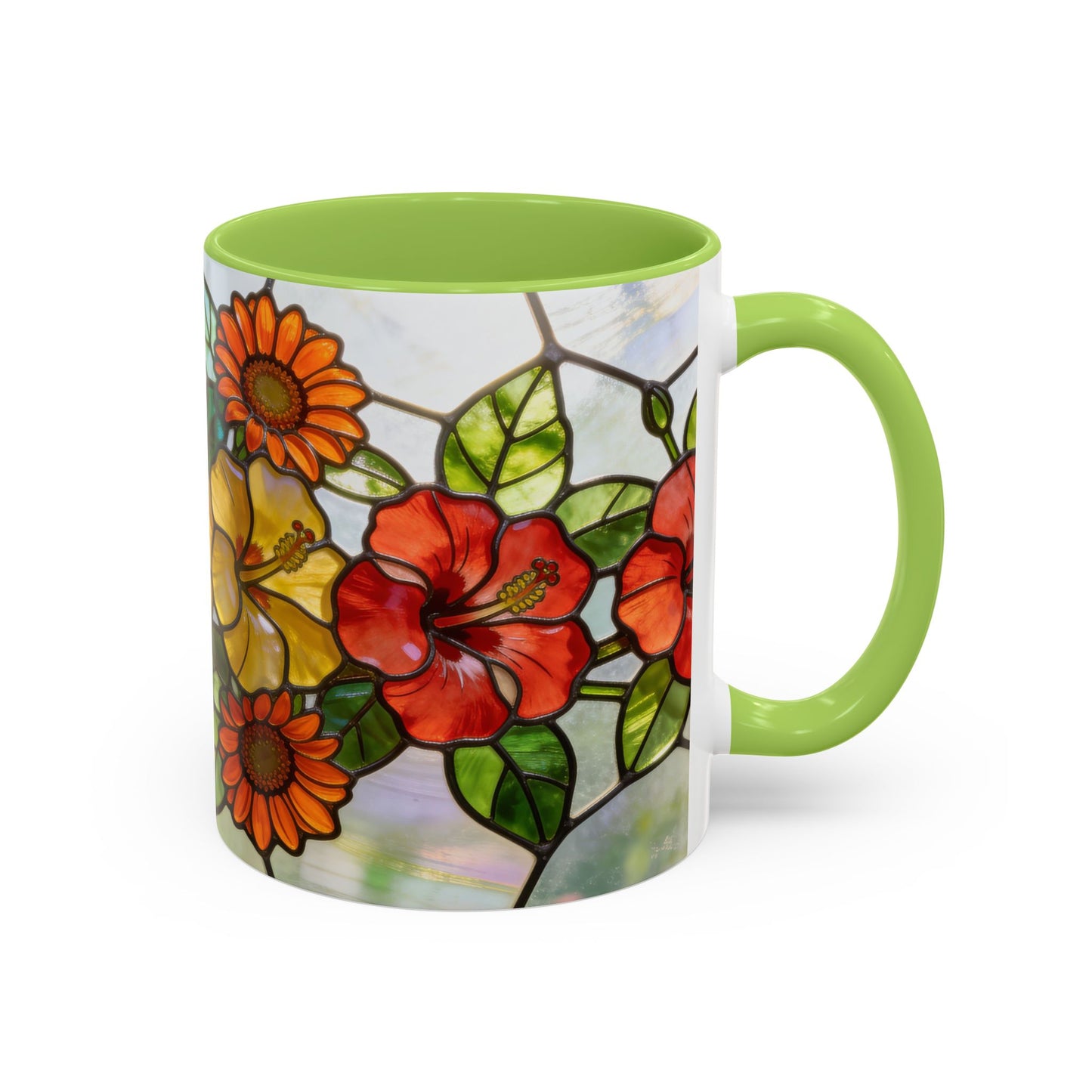 Stained Glass Floral Accent Coffee Mug — Hibiscus & Sunflower Art (11/15oz)