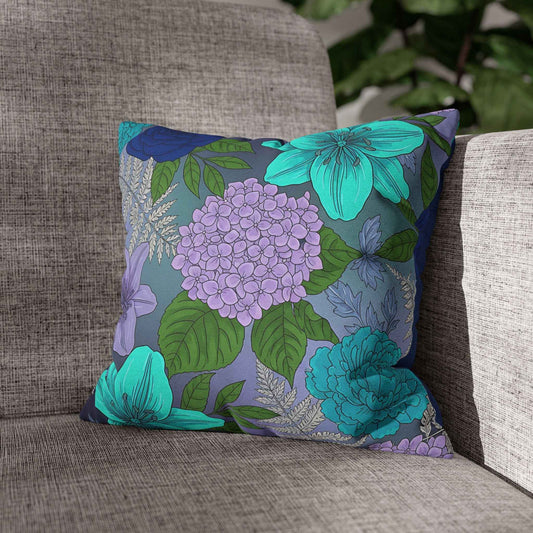 Floral Blue & Teal Decorative Pillowcase — Hydrangea & Lily Square Cushion Cover