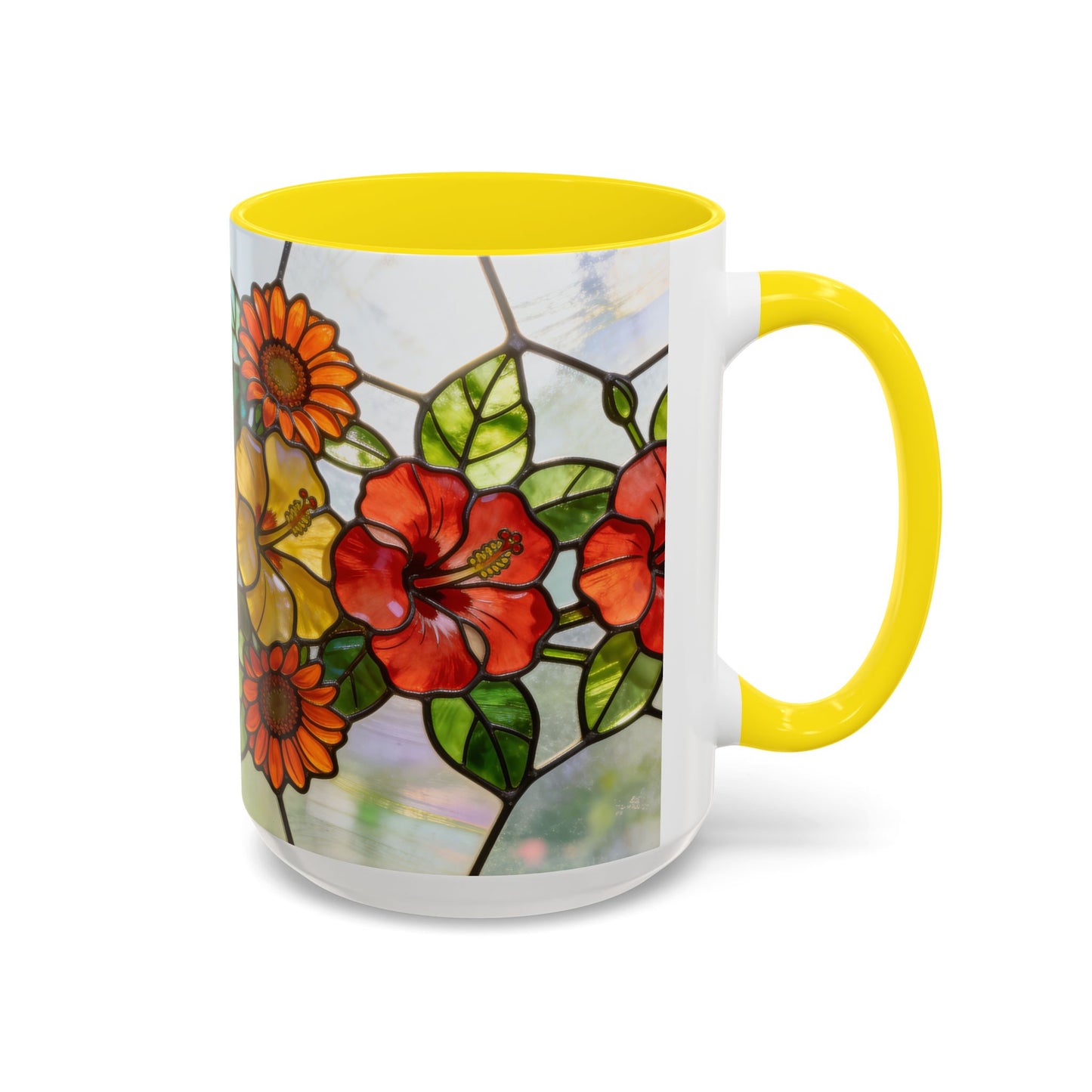 Stained Glass Floral Accent Coffee Mug — Hibiscus & Sunflower Art (11/15oz)