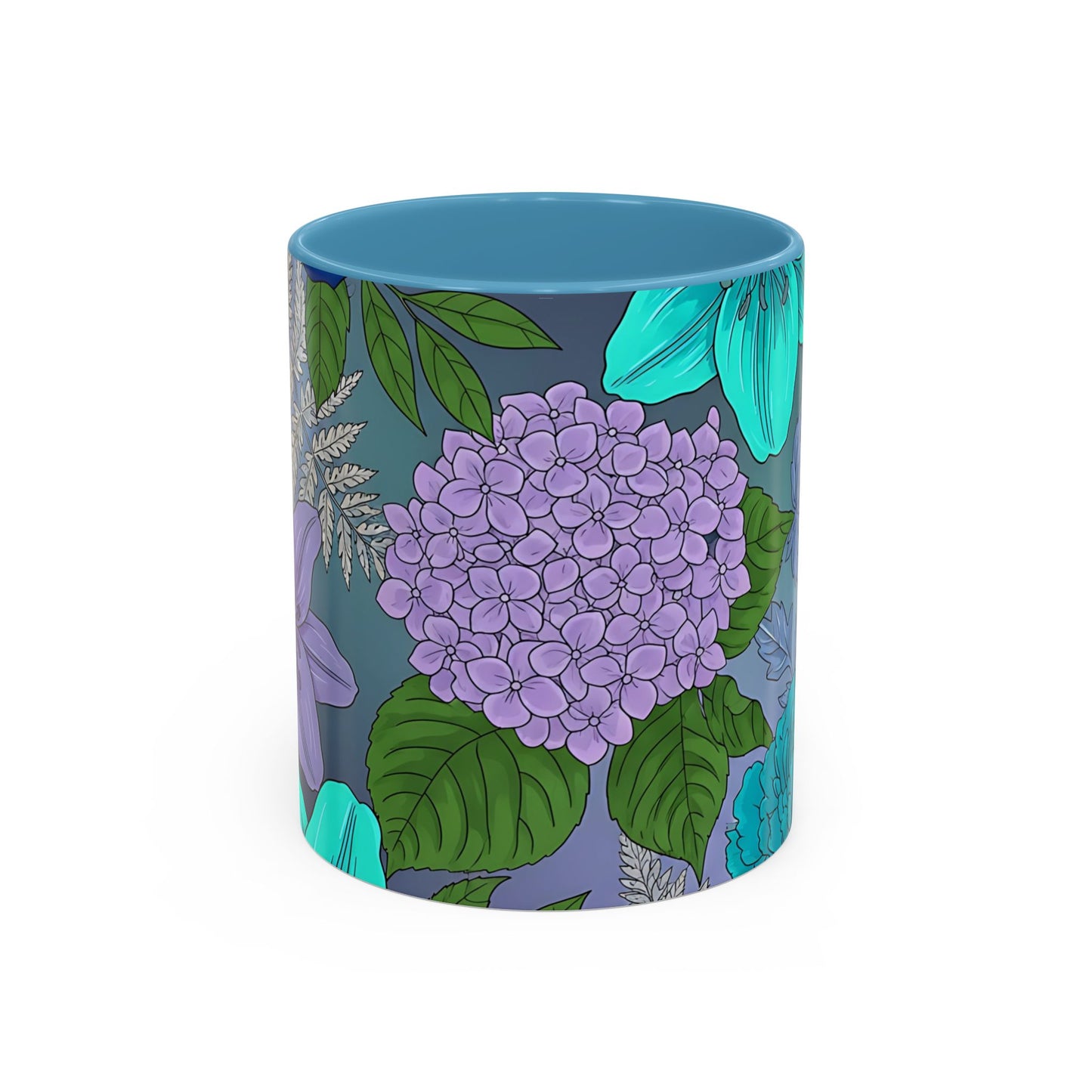 Floral Hydrangea Accent Coffee Mug — Teal & Lavender Botanical Drinkware