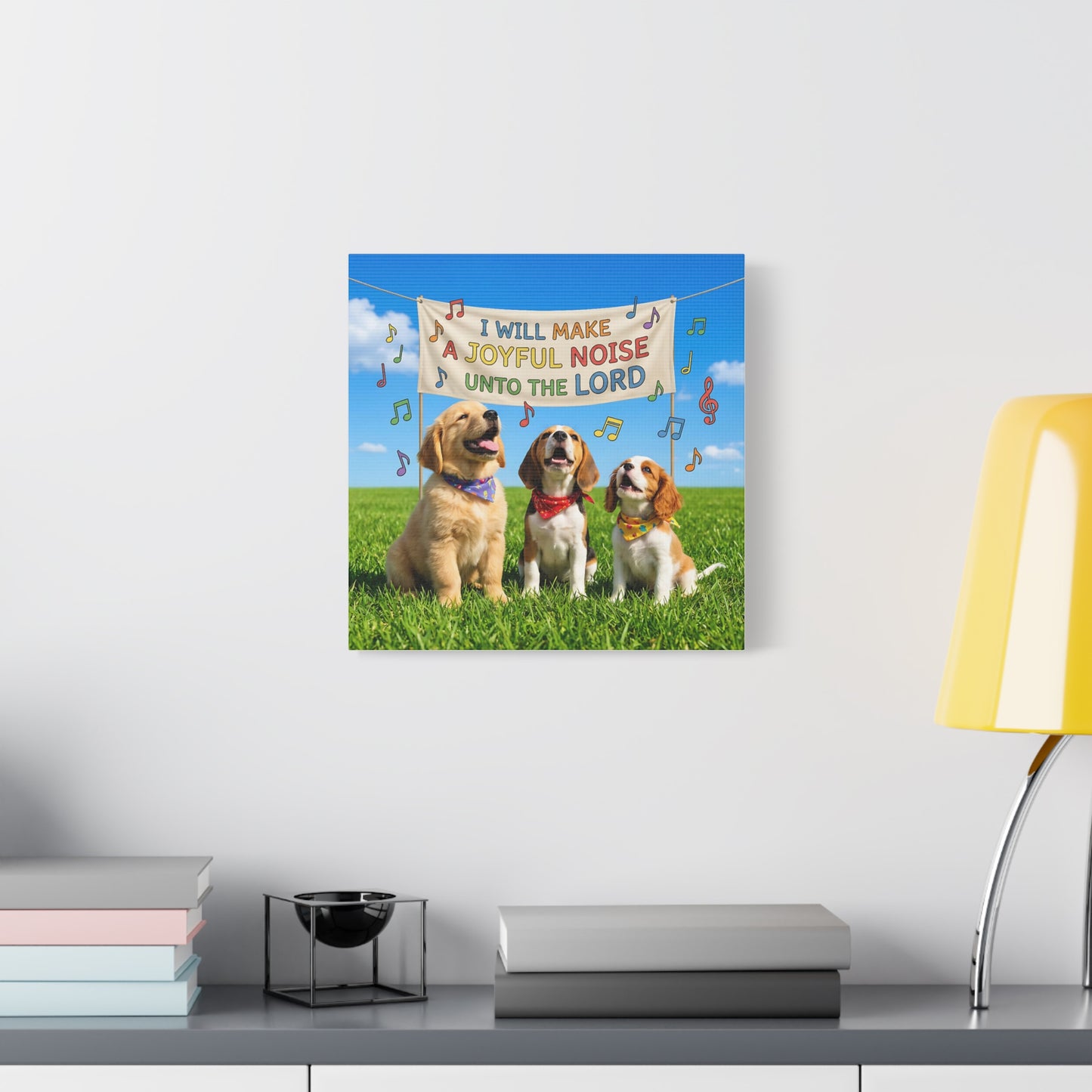 Joyful Noise Puppies Canvas Wall Art — Religious Christian Bible Verse 'I Will Make A Joyful Noise Unto The Lord'