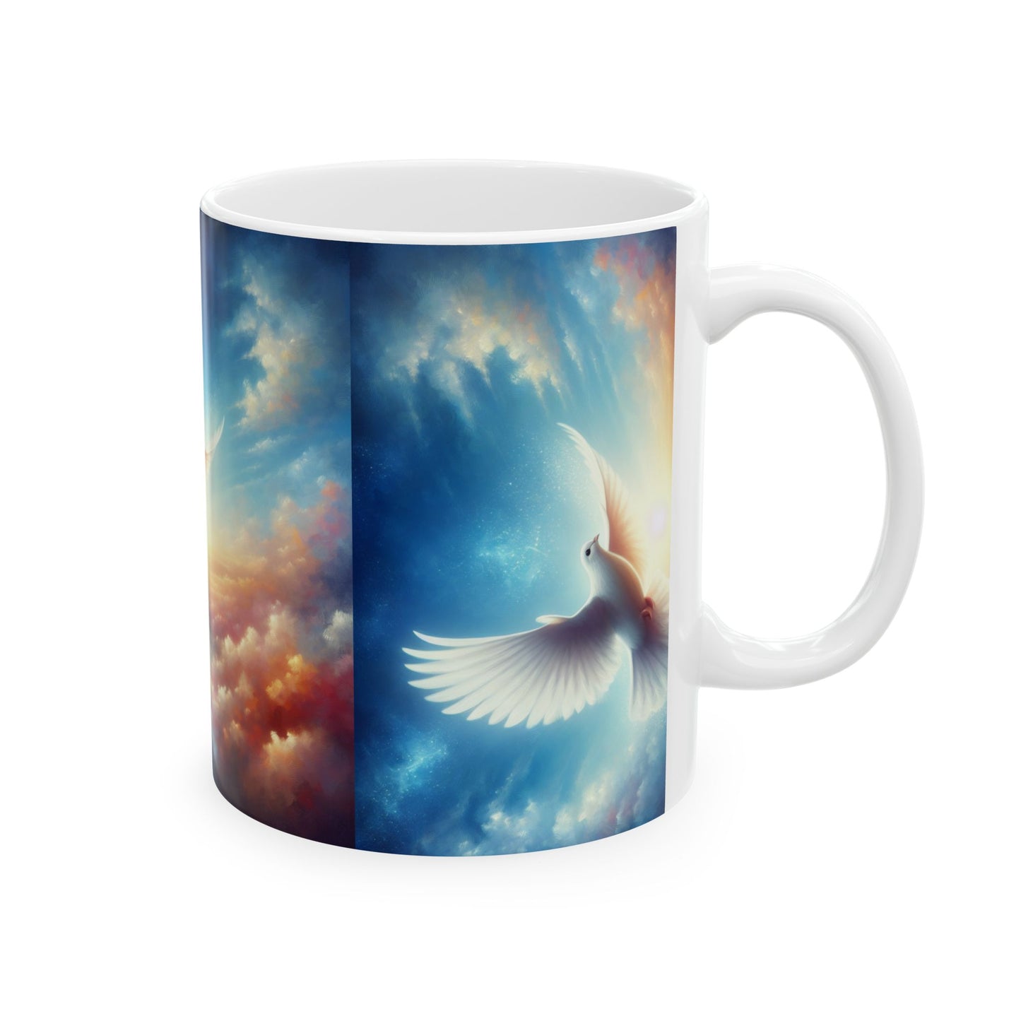 Dove in Sunrise Ceramic Mug — Inspirational Peace Coffee Cup (11oz & 15oz)