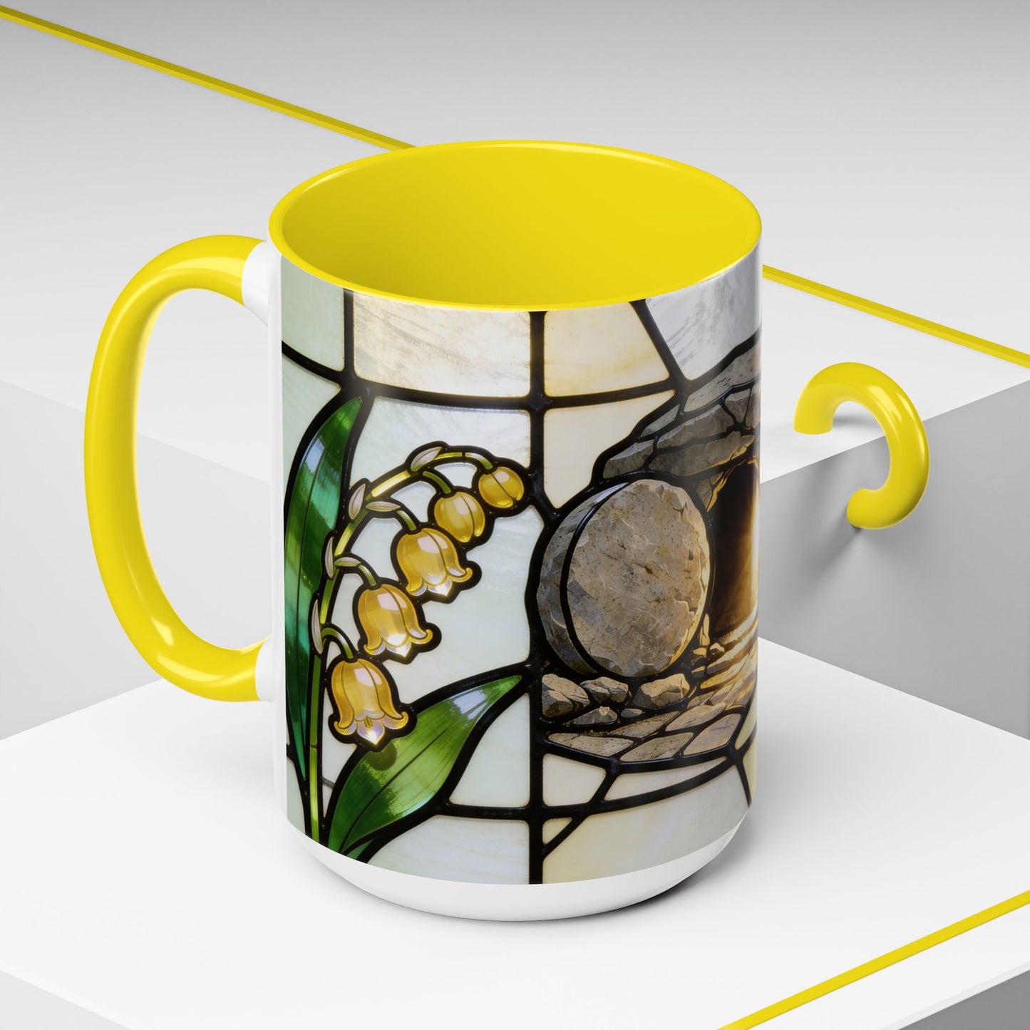 Stained Glass depiction of The Resurrected Tomb & Lily of the Valley Accent Coffee Mug — Christian Easter 11/15oz