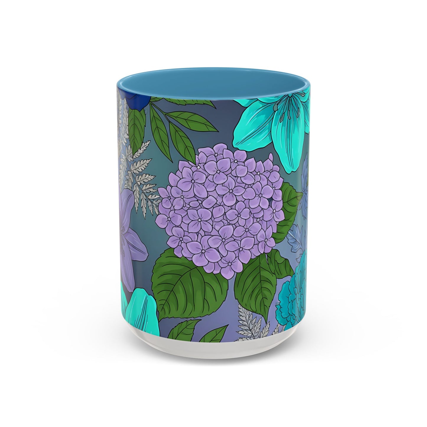 Floral Hydrangea Accent Coffee Mug — Teal & Lavender Botanical Drinkware