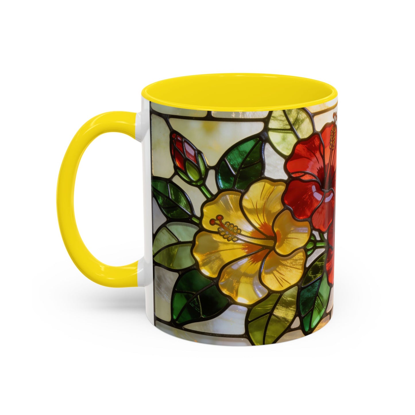Floral Stained Glass Accent Coffee Mug – Hibiscus & Sunflower Design (11/15oz)