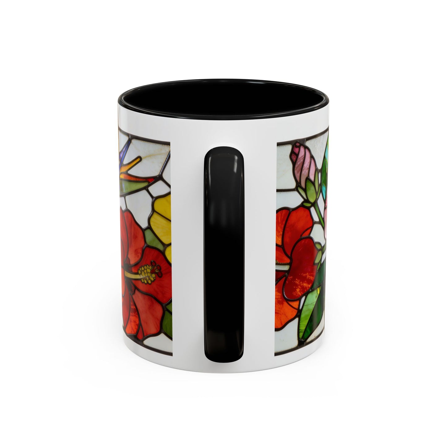 Stained Glass Tropical Flower Coffee Mug — Hibiscus & Bird of Paradise Accent Mug