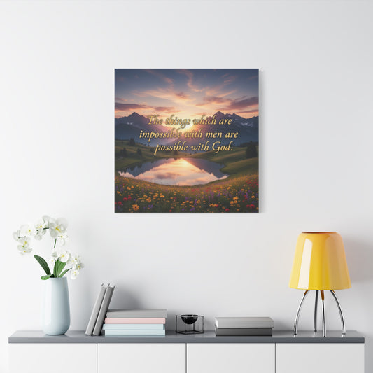 Canvas print with a mountain landscape and motivational quote above a table with decor items.