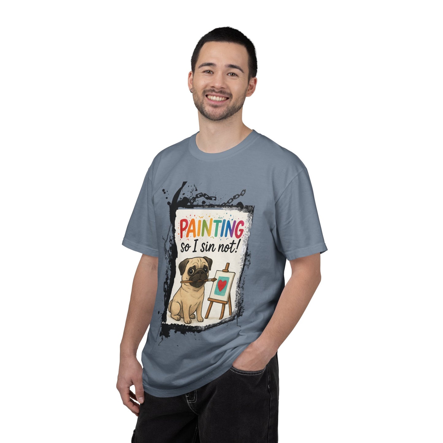 Humorous "Painting So I Sin Not" Pug T-Shirt