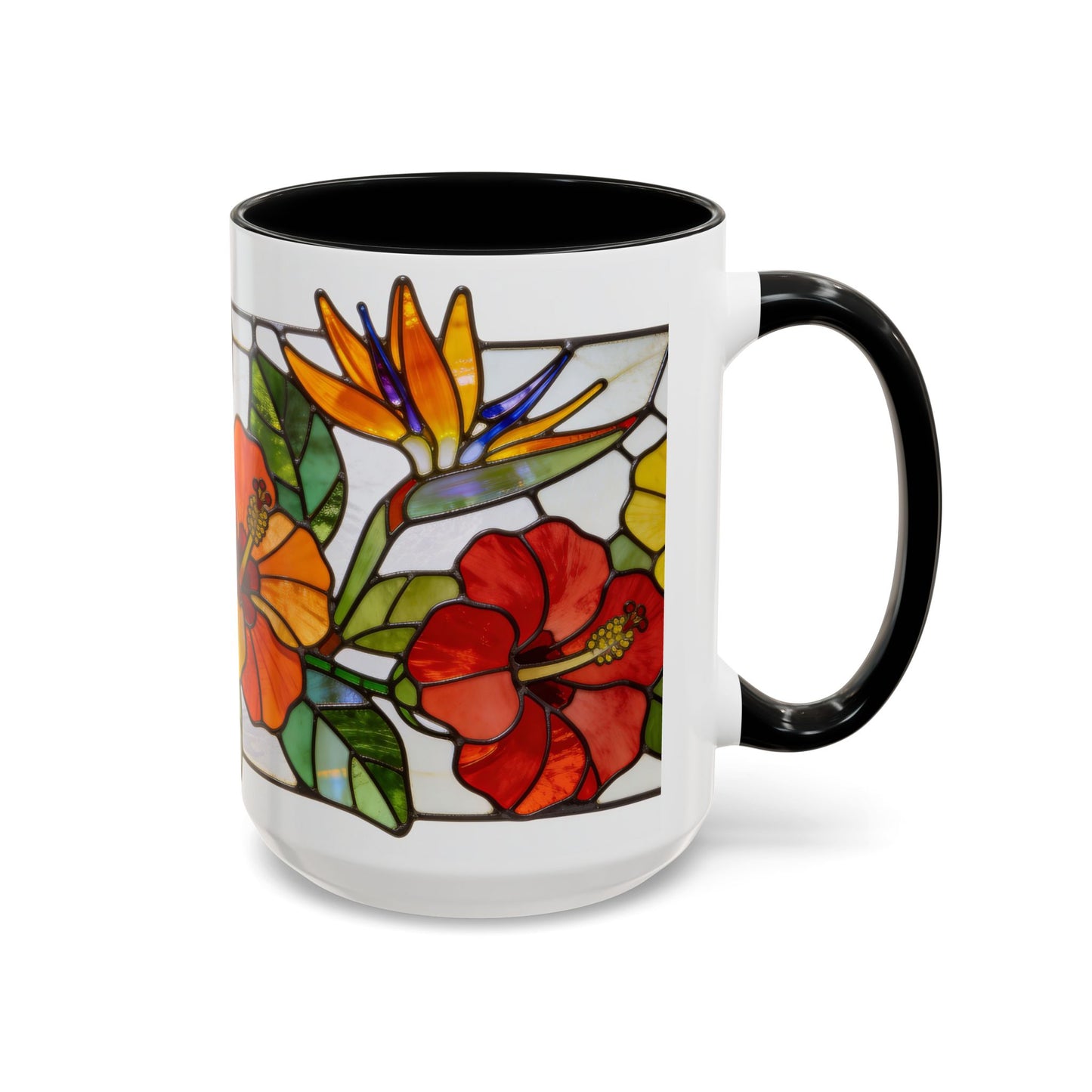 Stained Glass Tropical Flower Coffee Mug — Hibiscus & Bird of Paradise Accent Mug