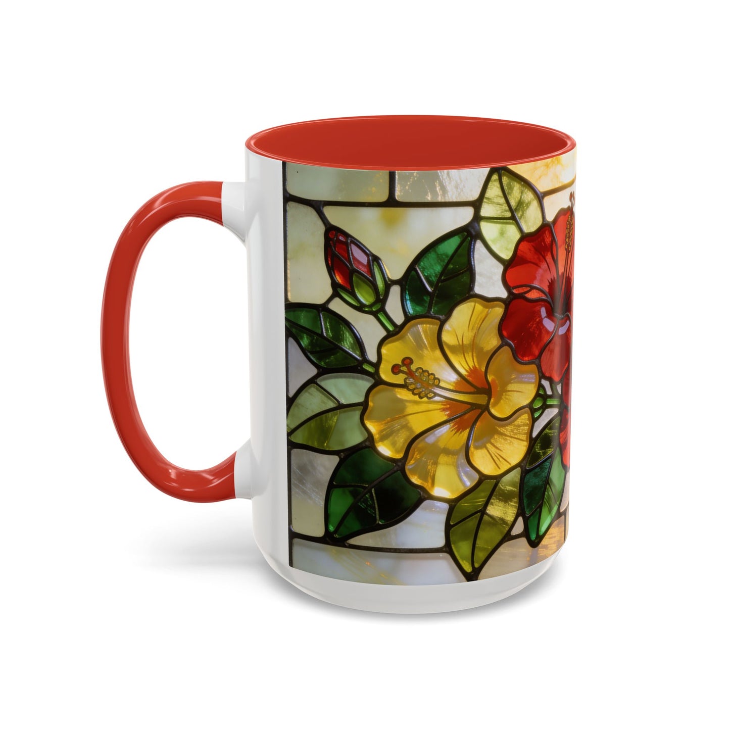 Floral Stained Glass Accent Coffee Mug – Hibiscus & Sunflower Design (11/15oz)