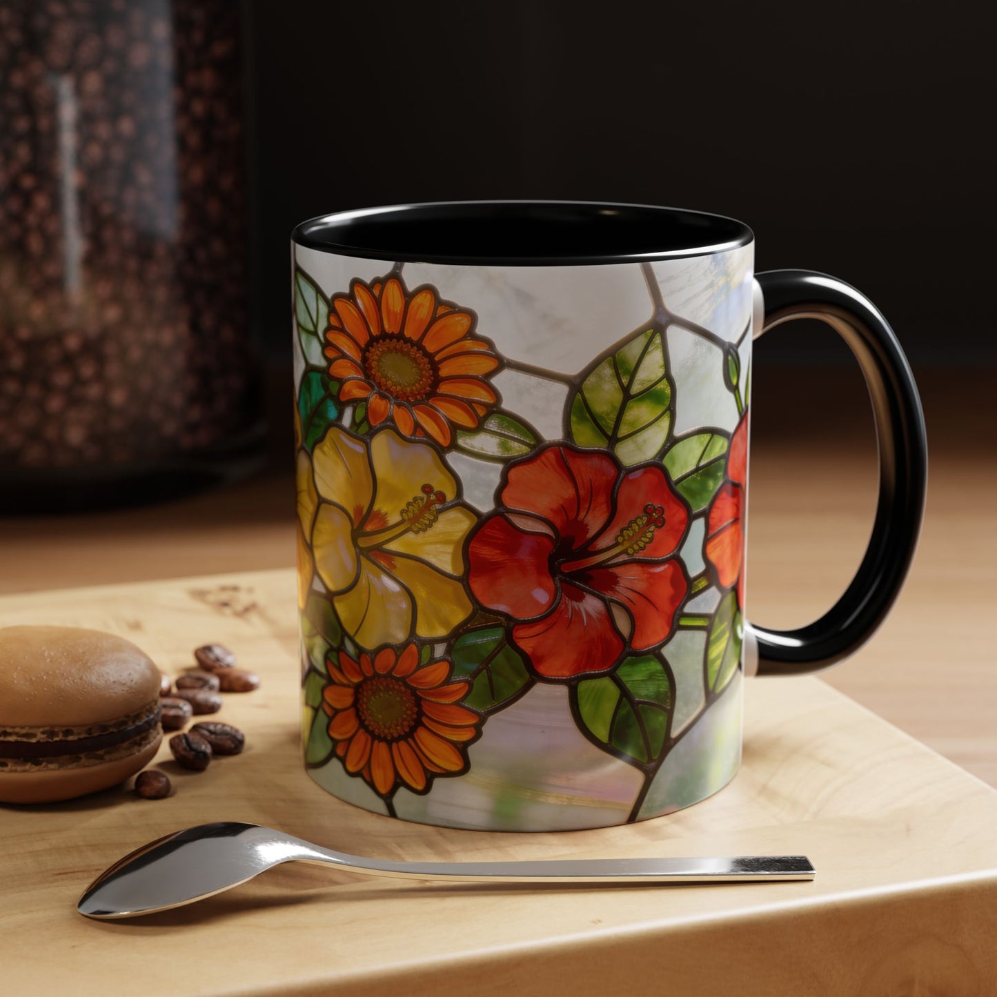 Stained Glass Floral Accent Coffee Mug — Hibiscus & Sunflower Art (11/15oz)