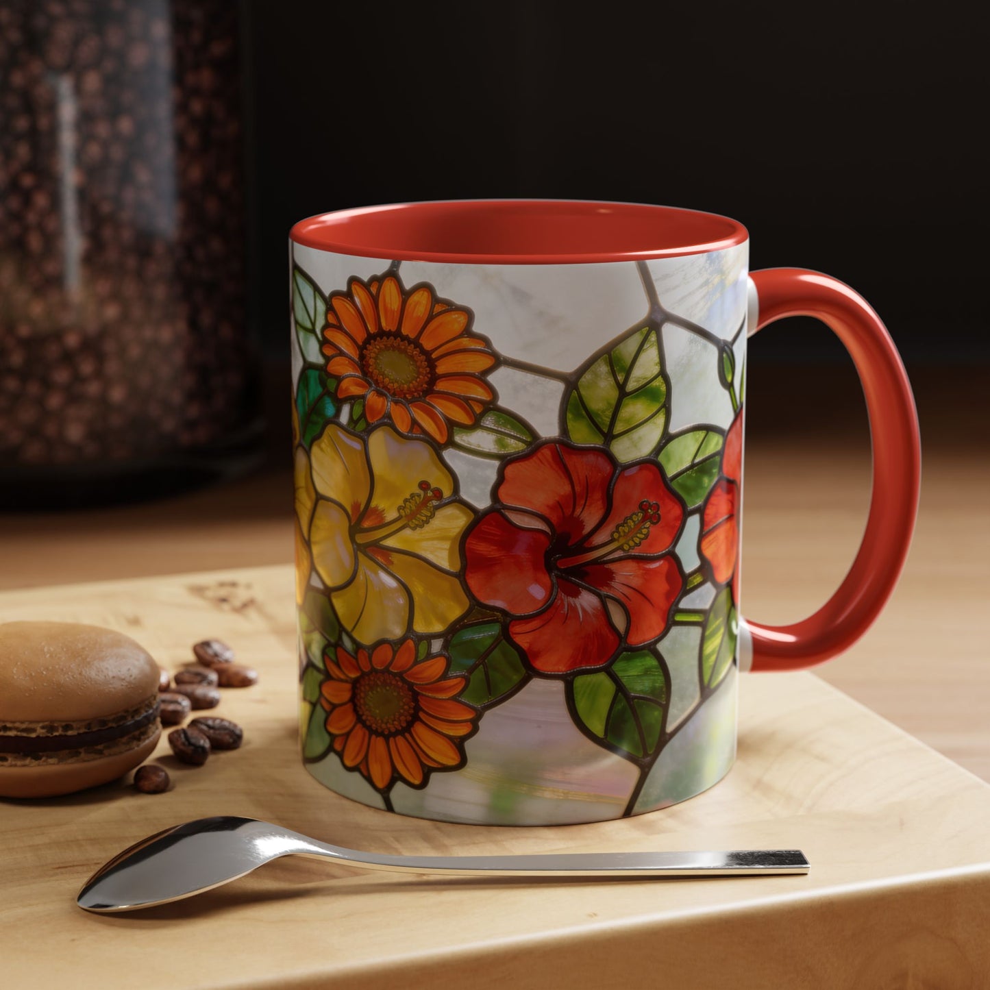 Stained Glass Floral Accent Coffee Mug — Hibiscus & Sunflower Art (11/15oz)