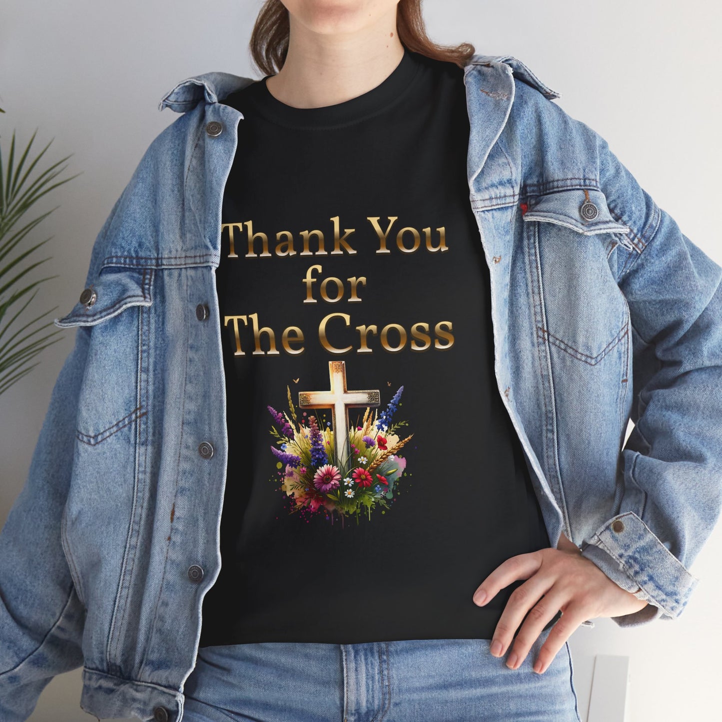 Thank You for THE CROSS  with beautiful flowers at base of Cross written in gold Inspirational- Creative & Unique Design