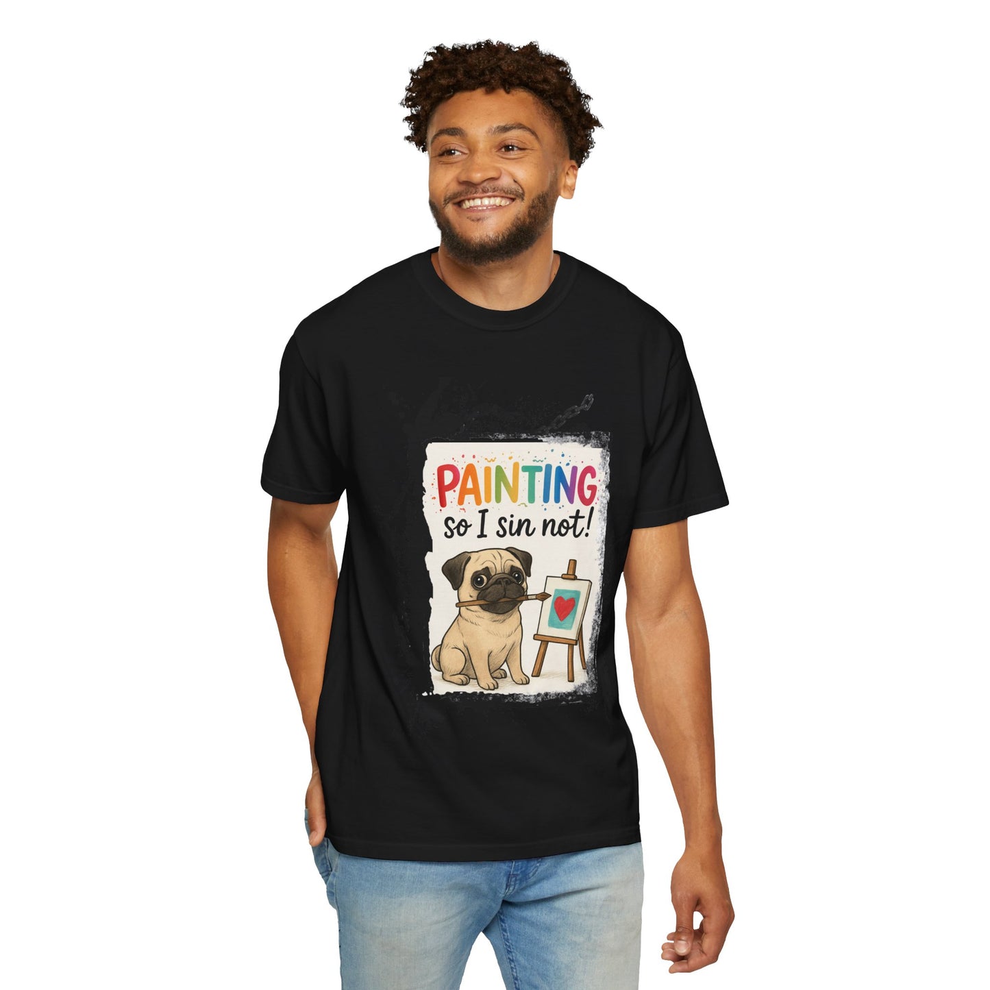 Humorous "Painting So I Sin Not" Pug T-Shirt