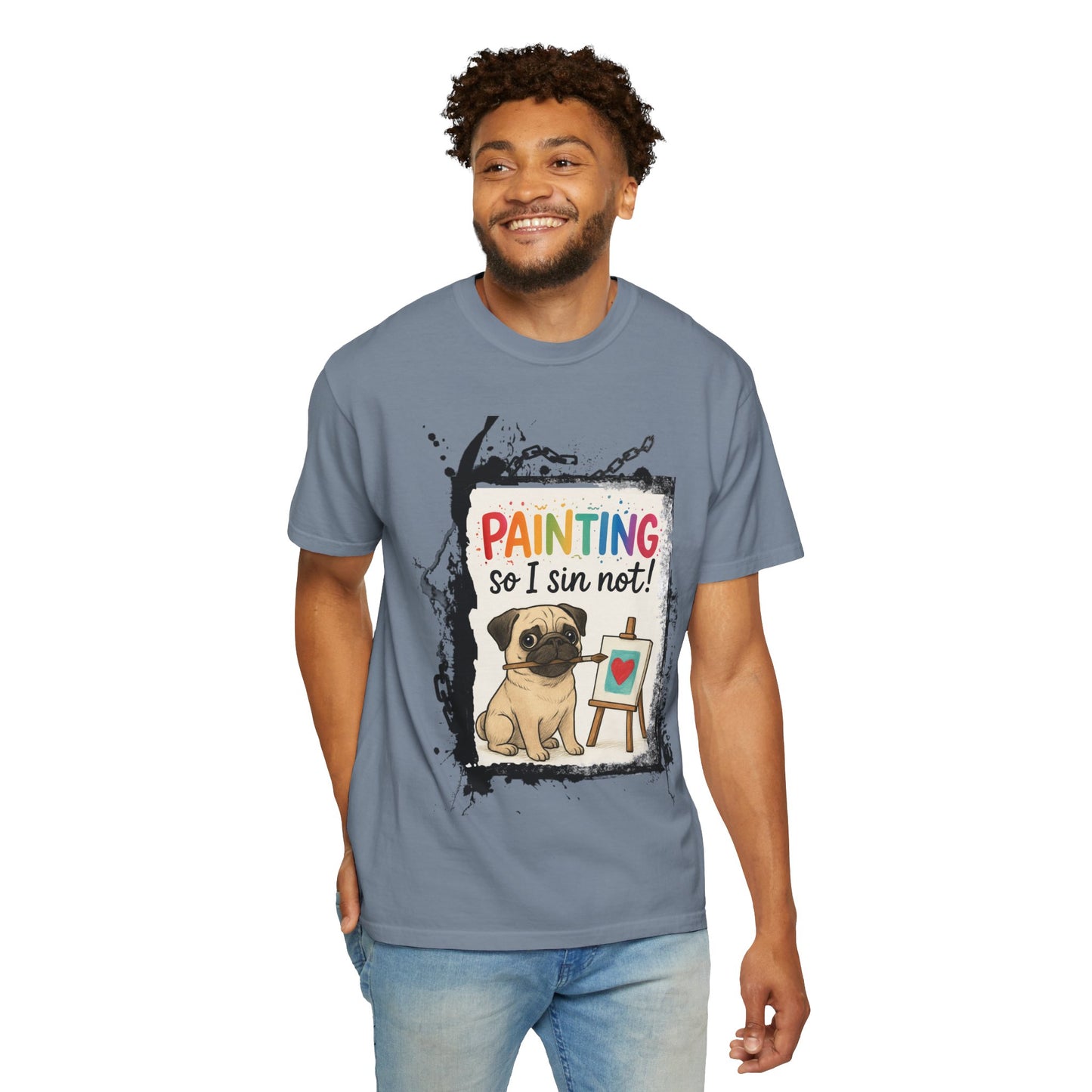 Humorous "Painting So I Sin Not" Pug T-Shirt