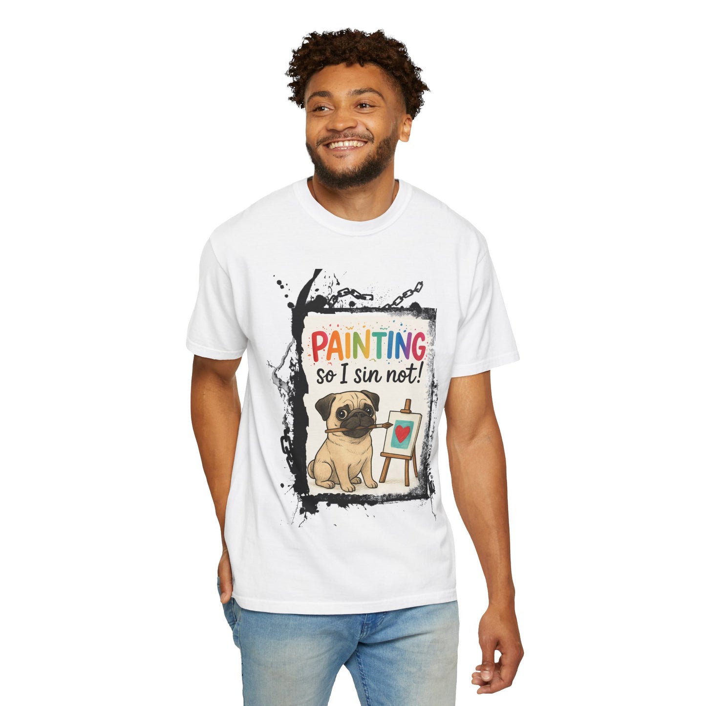 Humorous "Painting So I Sin Not" Pug T-Shirt