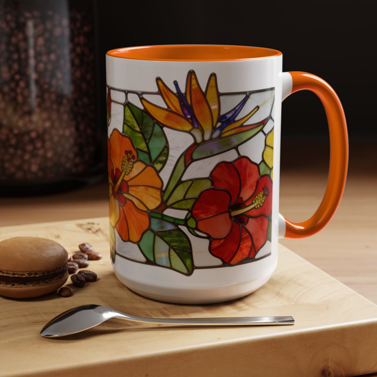 Stained Glass Tropical Flower Coffee Mug — Hibiscus & Bird of Paradise Accent Mug