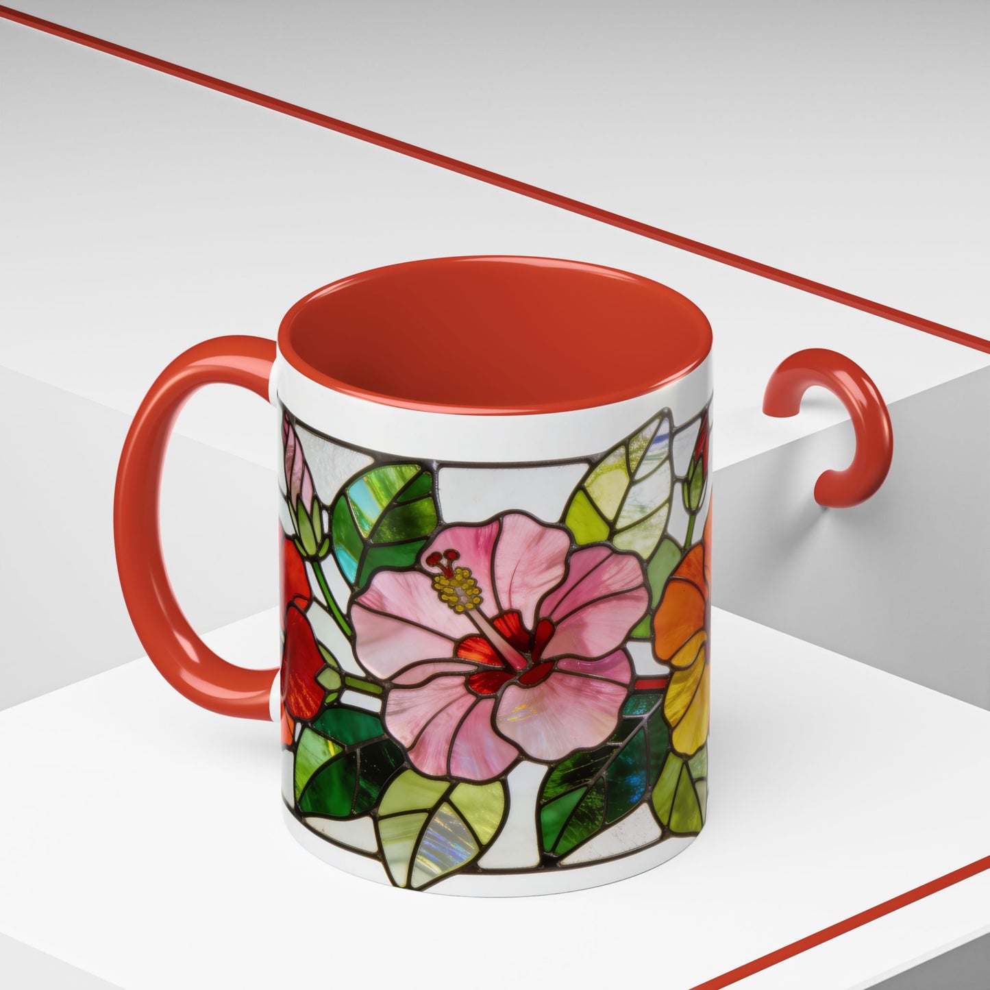 Stained Glass Tropical Flower Coffee Mug — Hibiscus & Bird of Paradise Accent Mug